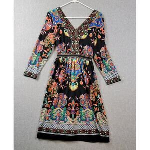 Trulli Colorful Floral LS V Neck Tie Waist Flared Boho Stretch Midi Dress Large
